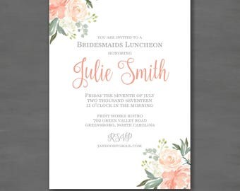Simple Elegant Bridesmaids Luncheon Bridal Brunch Invitation; Printable File Printed Invitations; Peach Green Flower