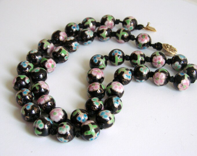 Mid Century Cloisonne Chinese Export Black Floral Bead Necklace Hand Knotted Filigree Clasp Vintage Jewelry Jewellery