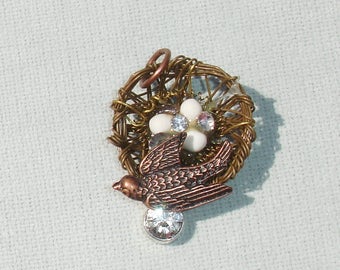 Mixed Metals Bird Nest with Bird and Rhinestone - Jewelry Making Supplies