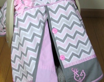 Pink and Gray Chevron Car Seat Canopy with or without Deer Family /Baby Carseat Cover/ Infant Carseat Canopy Cover