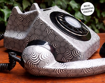 Custom Retro Psychedelic Zebra Upcycled Decorated Vintage Rotary Phone FULLY WORKING