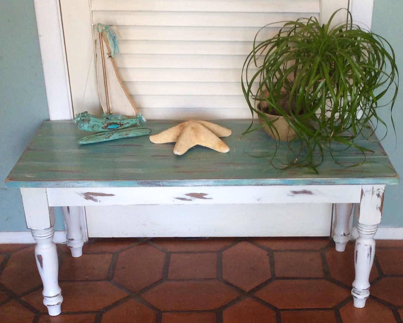 Green Blue Coffee Table Wood Shabby Chic by RevisitedConcepts