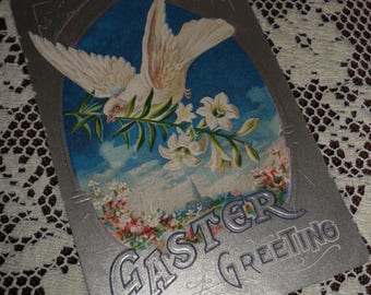 Antique Vintage Victorian Easter Greeting Embossed Postcard Early 1900s Dove of Peace with an Easter Lily Blue Sky Silver background