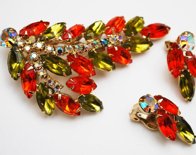 Rhinestone brooch earring set - Orange Green Crystal - Aurora Borealis - Clip on earring