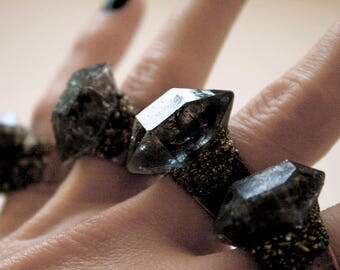 Tibetan Smoky Quartz Crystal Ring - Small // Double Terminated Crystal Adjustable Size Ring // Black Crystal Ring with Pyrite