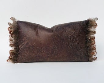 Feather-Trimmed Faux Leather In Distressed Brown Pillow Cover