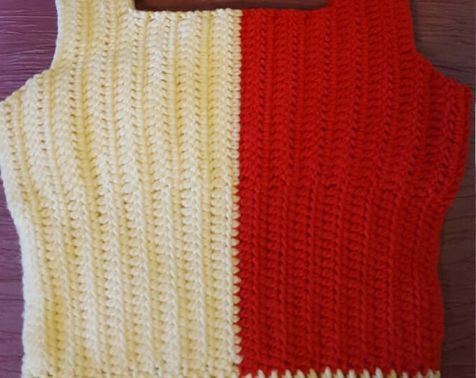 XS Vintage Handmade Acrylic Crochet Red White Vest-70s