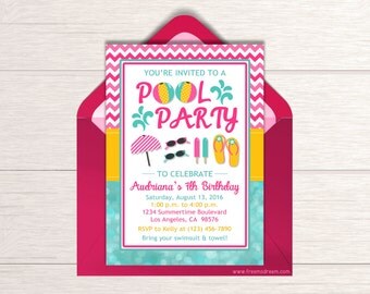 Girls Pool Party Birthday Invitation - Printable Pool Party Invitation - Pink Pool Party Invite - Pool Party Birthday Package - BP08