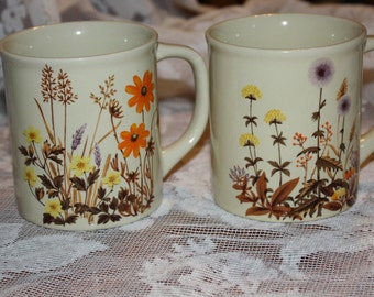 2 Vintage Mugs with Orange, Yellow and Brown Flowers made in Japan