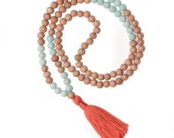 Handmade 108 Tibetan Mala, Meditation Mala Beads, Tangerine/Coral Tassel, Wood Japa Mala, Amazonite Prayer Beads