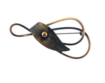Vintage Copper Leaf Brooch, Large Copper Brooch, Abstract Copper Brooch