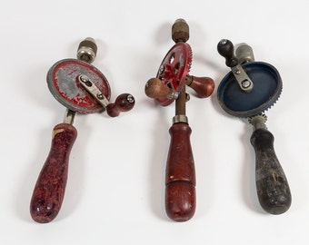 Hand Drill, collection of three, vintage tools, Hand Turn Drill, Egg Beater Drill, manual, collectible, trio of tools, hand crank drill