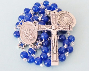 Police Rosary,Serve and Protect, St Michael; blue enamel Our Father beads
