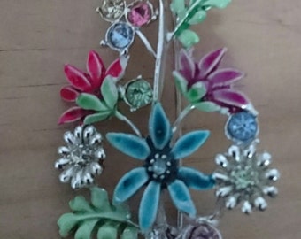 Vintage enamel and rhinestone flower spray brooch