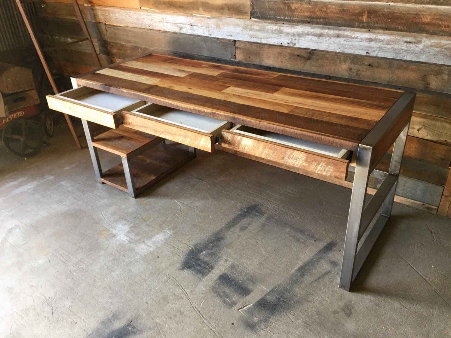 Reclaimed Wood Desk with Industrial Metal Base and Patchwork