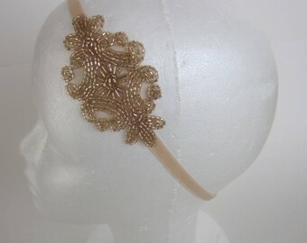 Champagne Great gatsby headpiece 1920s flapper headband Art Deco bronze blush beaded fascinator 1920s Art Deco beaded headpiece Ribbon