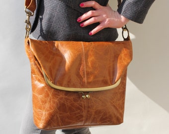 Dublin, Large Clip Bag, Tan Smooth Leather bag, Foldover Clip Bag