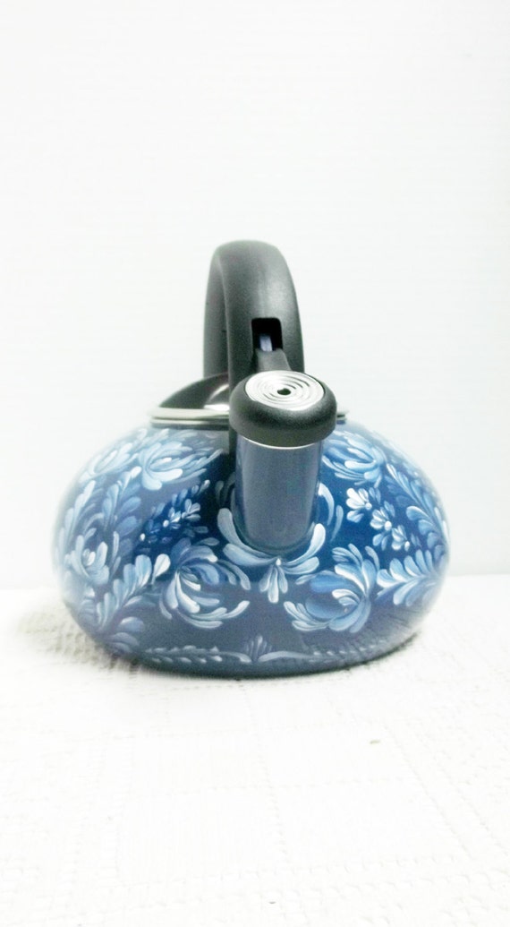 Tea Kettle Dark Navy Blue Whistling Tea Kettle Hand Painted