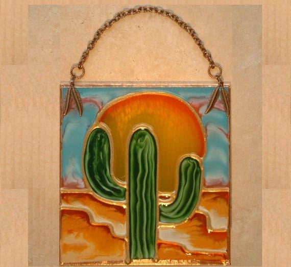 Southwest Cactus Desert Decor Stained Glass Panel