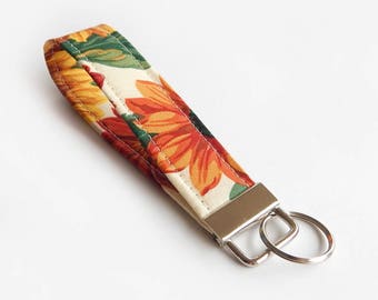 Sunflower Key Fob / Floral Keychain / Key Fob / Sunflowers / Harvest / Sunflower Lanyard / Wristlet / Wrist Lanyard / Teacher Gift