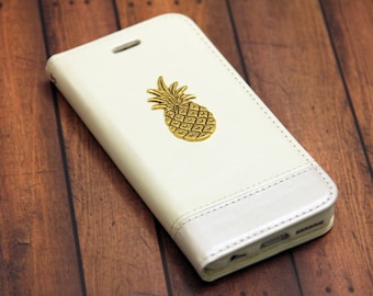 Wallet Case iPhone 7 Plus iPhone 6s White Leather with 24kt Gold Pineapple iPhone 7 Leather Case Slot Card Holder Phone Wallet iPhone 7 Case