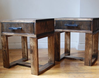 Pair of Short Reclaimed Wood Thin Leg Nightstands, Side Table, End Table with Drawer and Black Handmade Wooden Handle- Dark Walnut