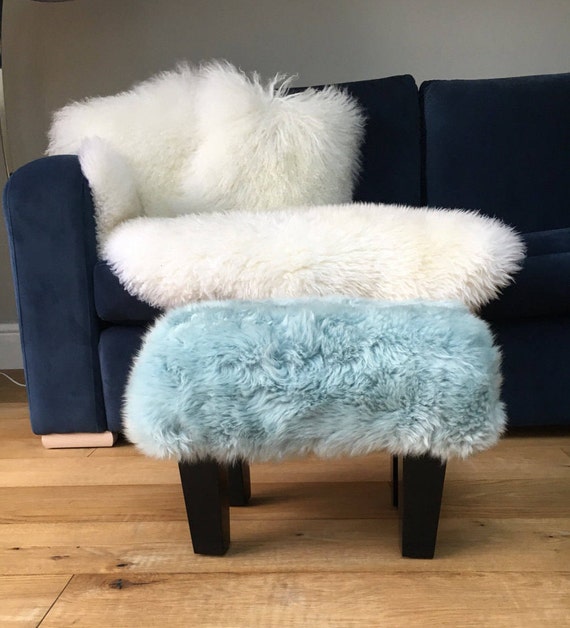 Sheepskin footstool . Duck egg blue eau de nil luxury