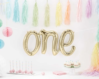 ONE Script Balloon, Gold ONE Balloon, First Birthday, Cake Smash Photo Prop, Balloon Banner, White Gold 1st Birthday Balloon, Letter Balloon