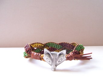 Rustic Woodland Fox Beaded Braided Leather Wrap Cuff Bracelet, Beaded Leather Cuff, Fox Bracelet, Fox Jewelry, Leather Jewelry, Rustic Cuff