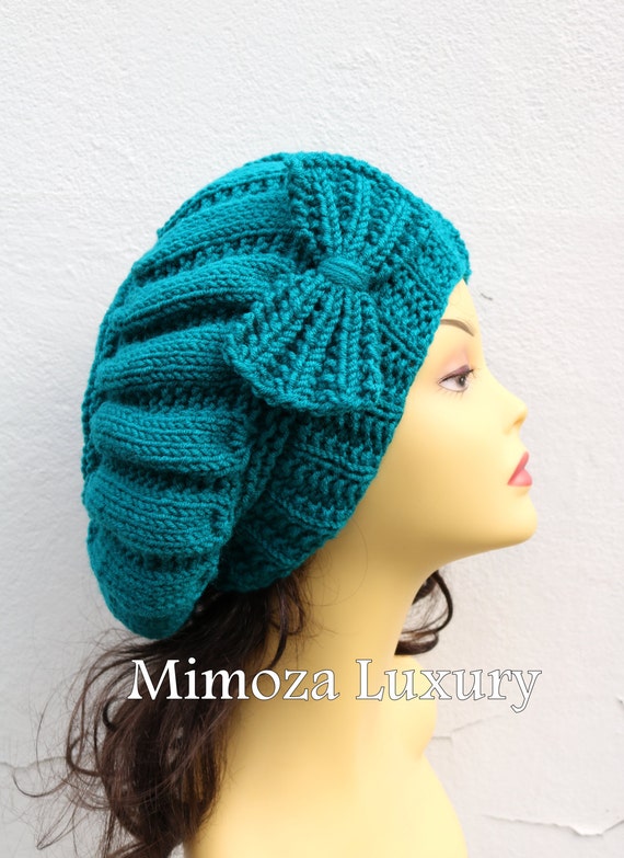 Teal Green Woman Hand Knitted Hat with Bow, teal Beret hat with bow, teal knit hat, slouchy knit women's hat with bow, winter hat, teal hat