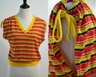 Medium | Small | Striped 90s Shirt | 1980s Vintage Top | Drawstring Shirt | V-Neck Shirt | Red Yellow Black | Knit Ups | Summer Open Top