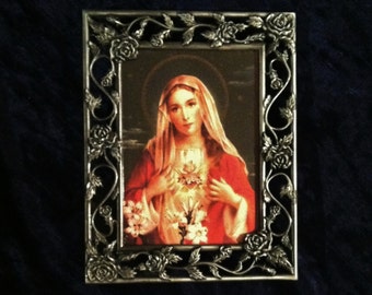 Immaculate Heart Of Mary In Pewter Rose Frame