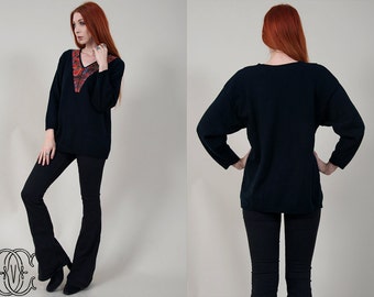 vintage 80s sweater vintage 1980s black pullover sweater with southwestern print black aztec print sweater with grommets and pyramid studs