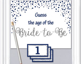 HOW OLD Was The BRIDE? sign with coordinating game and number cards, bridal shower "Guess the Bride's Age" game, silver and navy, 47BR
