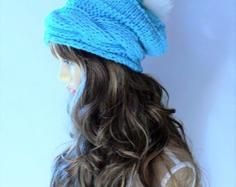 Steampunk Clothing Green Knit Hat Pastel Goth Clothing Cable Knit Beanie Chunky Beanie Slouchy Wool Beanie Tam Hat Pom Pom Hat