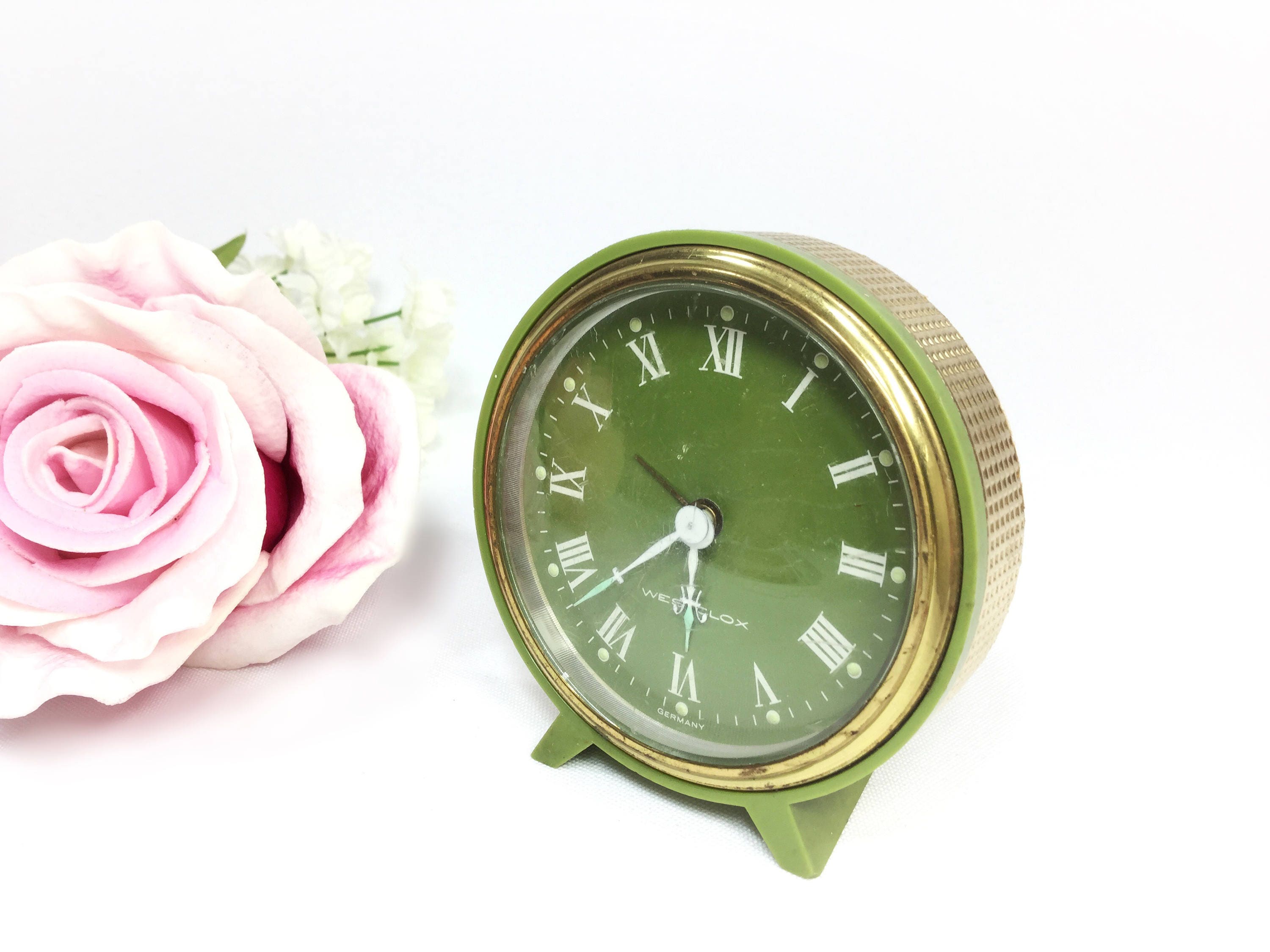 Vintage German Westclox Wind Up Clock, Green Retro Wind Up Clock
