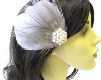 Grey Ivory Silver Pearl Feather Fascinator Hair Clip 1920s Flapper Races 1811