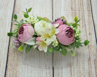 Flower hair comb Gift for girlfriend Bridal hair accessories Wedding hair comb Pink Green Wedding hair accessories Bridal hair comb Gift