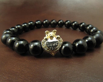 EXPRESS SHIPPING - Silver Onyx & Bracelet, Gold Teddy Bear Heart Bracelet, Womens Yoga Bracelet, Pandora Karma Energy Stretch Bracelet