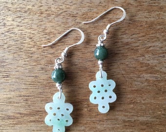 Jade Earrings - Carved Light Green Jade Chinese Lucky Charm Endless Knot (盤祥結) with Dark Green Jade Bead 925 Sterling Silver Earrings