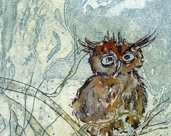 OWL forest nature ACEO art card original etching illustration graphic print collecting art Valentine's day wedding birthday gift
