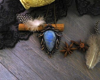 Bohemian Statement necklace Wire wrapped pendant Lace necklace Trending jewelry Labradorite OOAK pendant Wire wrap pendant Copper wire
