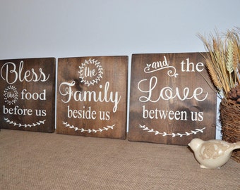 Bless The Food Before Us Family Beside Us And Love Between Us, Wooden Sign, Dining Room Kitchen Sign, Custom Sign, 3 Piece Set