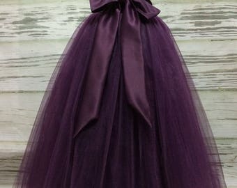 Custom Made Girls Eggplant/Plum Floor Length Tulle Skirt With Sash for Flower Girl,Country Wedding,Rustic Wedding for Flower girl