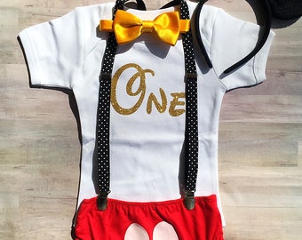 Mickey Mouse First Birthday Outfit / Mickey Mouse Shirt Boy / Mickey Mouse Romper and Suspenders / Mickey Mouse Diaper Cover and Bow Tie