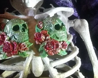 Handmade & Painted "Louis" Sugar Skull Tattoo Roses Gothic Muerto Earrings