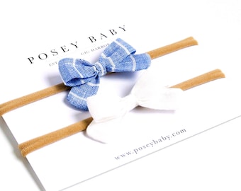 Linen Baby Headbands & Bows | Mini Newborn Bow Set | Ocean Stripe and White