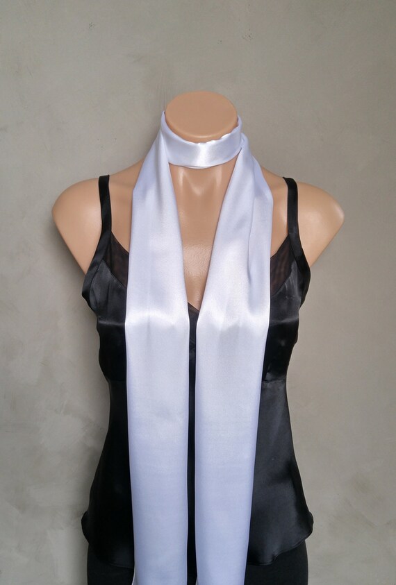 White Scarf, White Satin Reversible Skinny Scarf, Silky Scarf, White Two Sided Scarf, Satin Scarf White, White Skinny Scarf, 71 X 6 inches