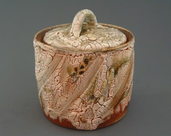 Mizusashi, wood-fired stoneware w/ crawling shino, celadon, iron slip and natural ash glazes