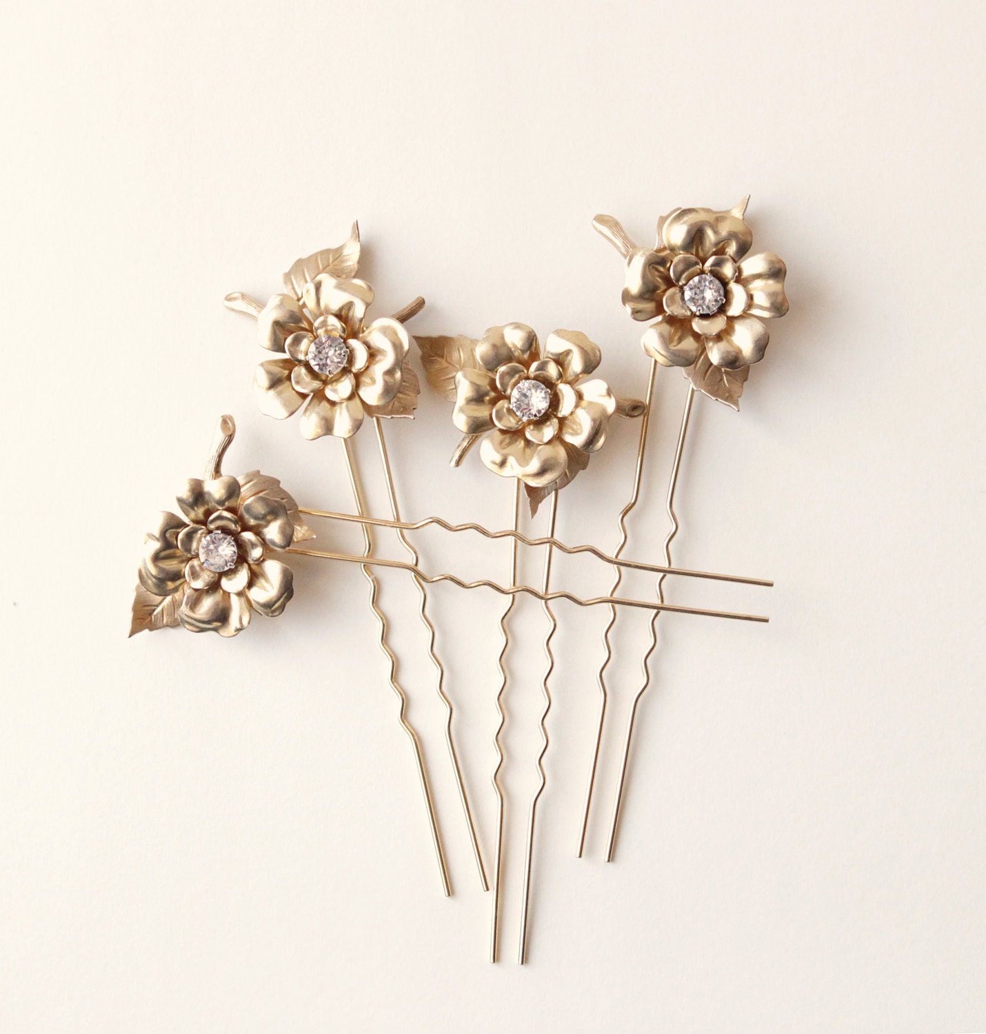 Gold flower hair pins Golden hair clip set Rhinestone gold